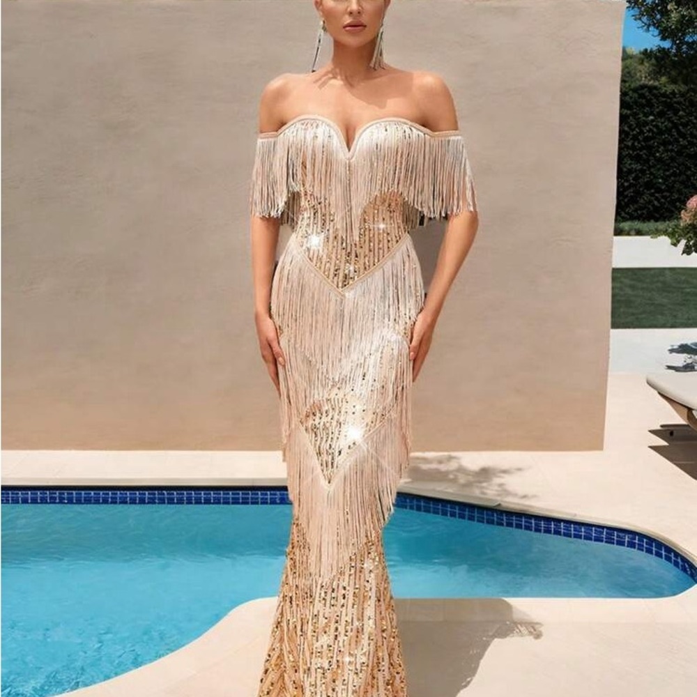 NWT Off the Shoulder Strapless Gold Sequin Fringe Mermaid Body-con Maxi Dress